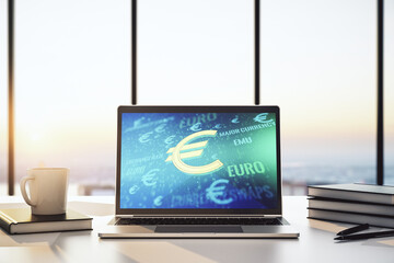 Creative EURO symbols sketch on modern laptop monitor, strategy and forecast concept. 3D Rendering