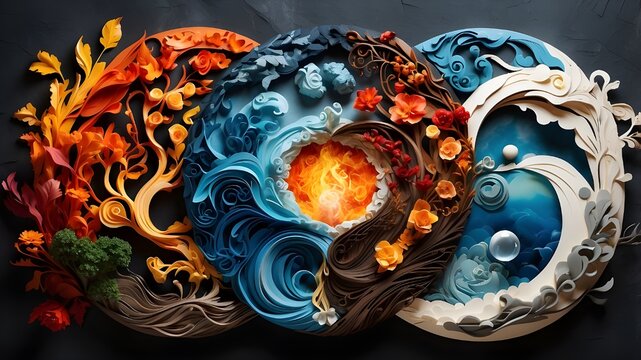 The four elements of nature combined into an incredibly imaginative design. A circle is formed by all four components. Air, water, fire, wind, and earth. dark, dramatic background that highlights the 