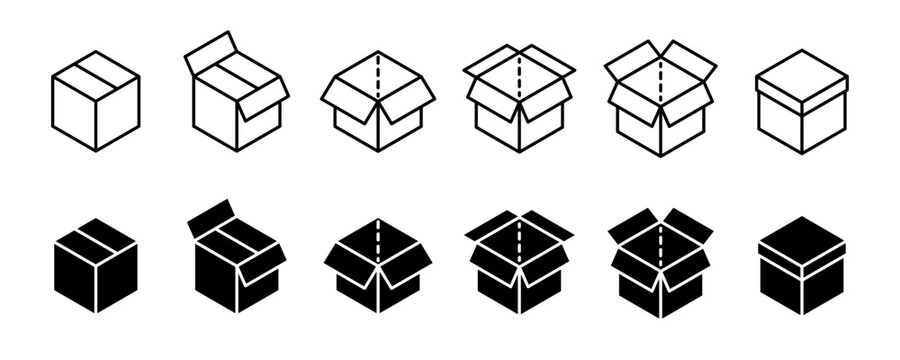 Cardboard box icon set. Carton container unpacking process vector illustration. Empty cargo package symbol for shipping or delivery service. Isometric transportation boxes set.