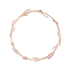 Wooden round frame. Watercolor illustration. An object made from tree branches with texture. Hand drawn isolated art. Backdrop with space for text. Geometric frame design, natural design, eco decor