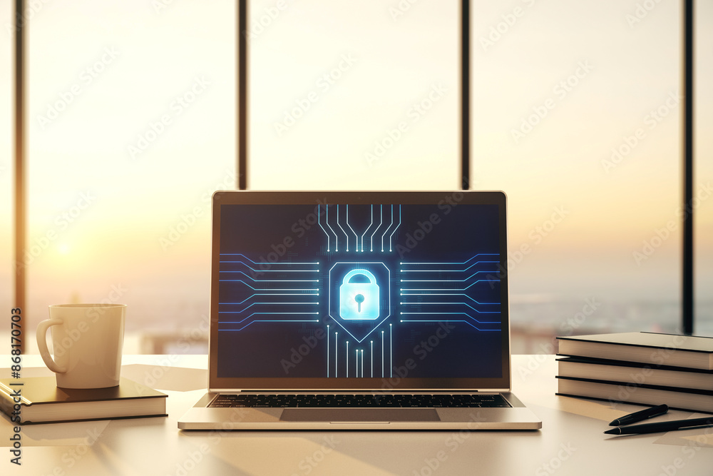 Poster Modern computer monitor with creative lock hologram and chip. Information security concept. 3D Rendering