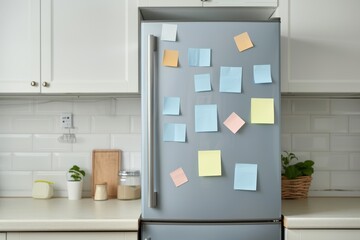 A refrigerator with a variety of colorful sticky notes on it