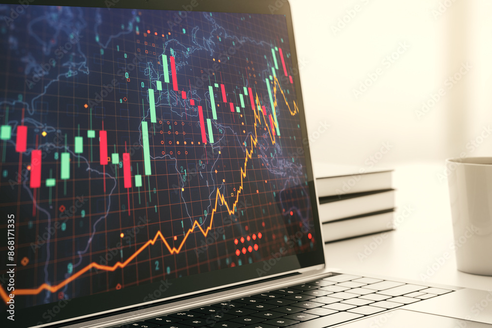Poster Modern computer display with abstract financial graph with world map, financial and trading concept. 3D Rendering
