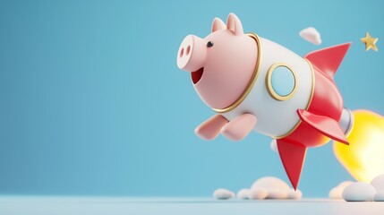 Piggy bank on a flying rocket on yellow. Financial, investing, savings and wealth management solution concept.