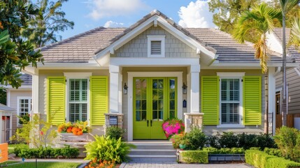 Fototapeta premium suburban home with lime green Bahama shutters, adding a touch of whimsy to the neighborhood