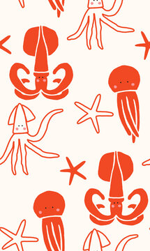 Seamless vector pattern featuring hand-drawn squid and starfish. Perfect for kitchen covers, fabrics, wallpapers, wrapping papers, and textiles. This marine design adds a fun touch to any project.