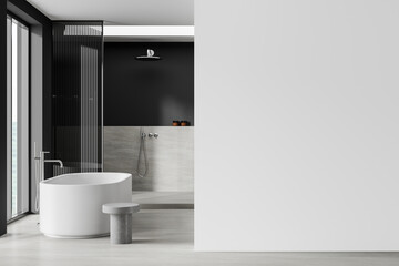 Dark hotel bathroom interior with tub, glass shower and window. Mockup wall