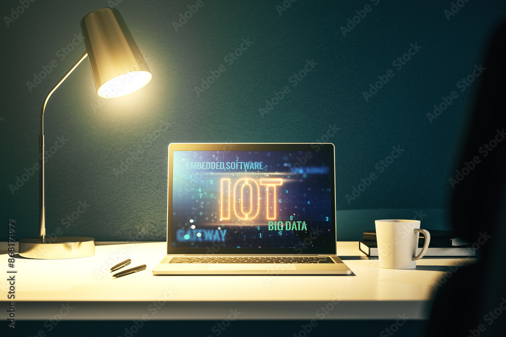 Poster creative iot hologram on modern laptop monitor, internet of things concept. 3d rendering