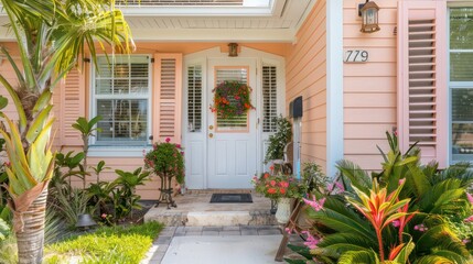 Naklejka premium suburban home with soft peach Bahama shutters, offering a gentle welcome to visitors