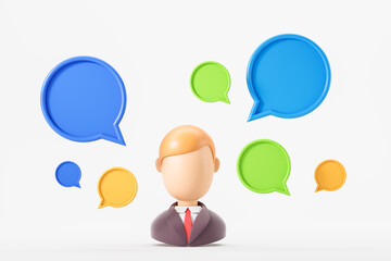 Cartoon figure with mockup speech bubbles on empty background