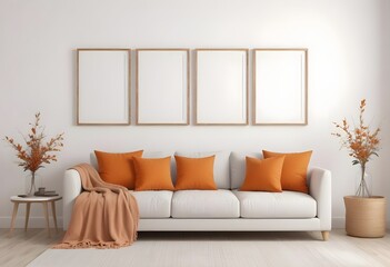 Four empty vertical picture frames in a modern living room with a white sofa, orange pillows, and...