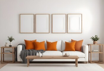 Four empty vertical picture frames in a modern living room with a white sofa, orange pillows, and plants.Generative AI