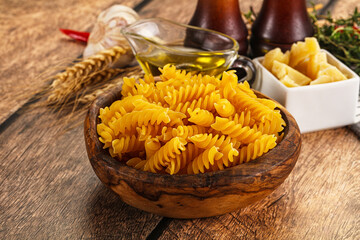 Italian dry pasta Fussili for bowl