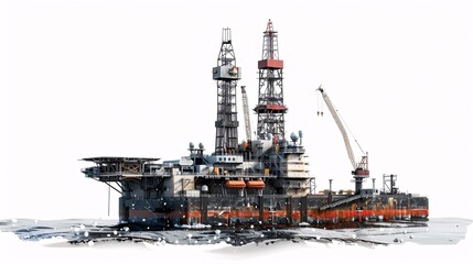 High-resolution stock photo of an offshore drilling rig, isolated on a white background, featuring intricate details captured through focus stacking for a crisp and clear image
