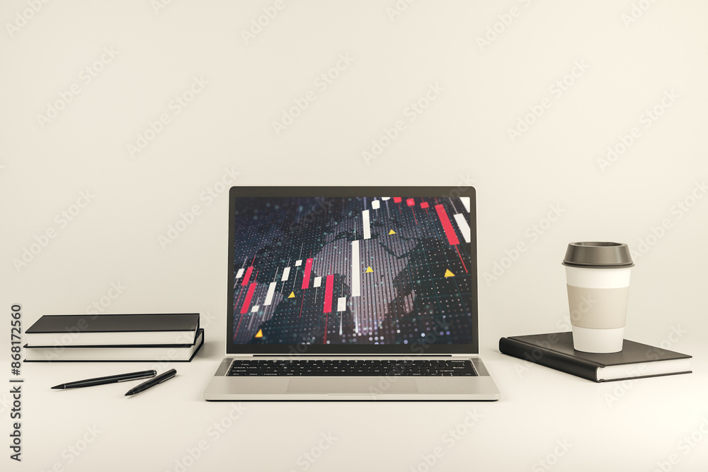 Aufkleber abstract creative financial graph with world map on modern laptop screen, forex and investment conce