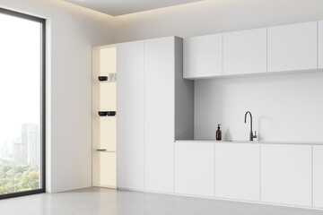 Elegant home kitchen interior with cooking cabinet and panoramic window