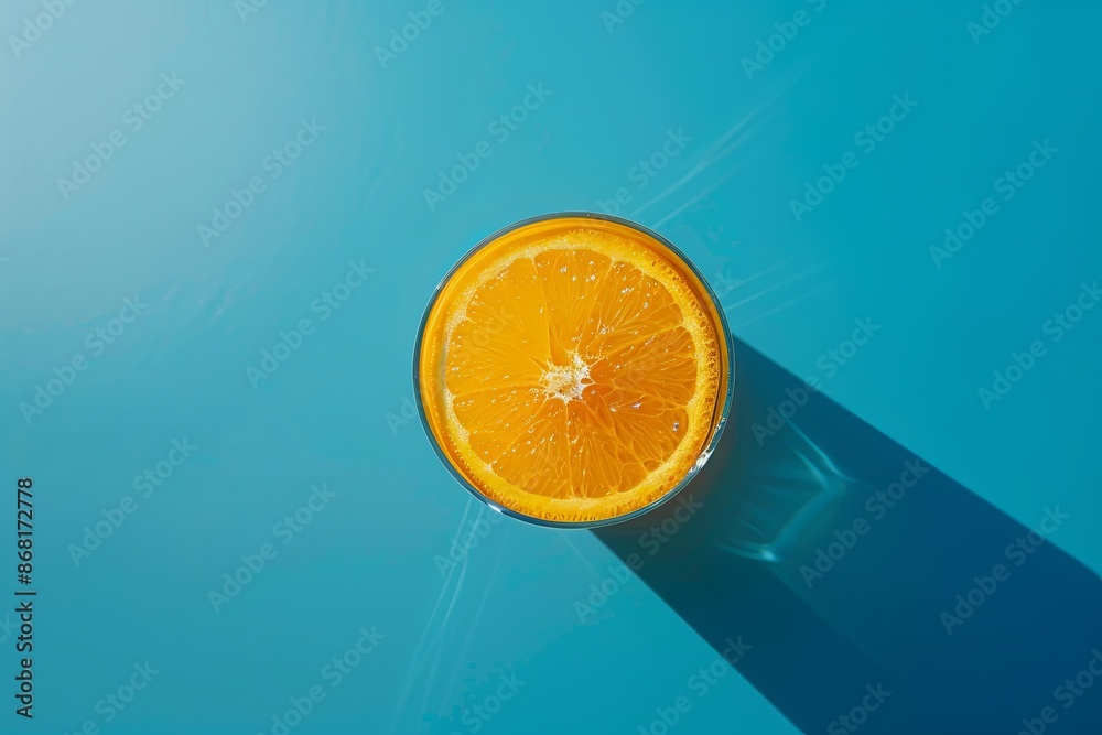 Poster a single orange slice rests in a glass on a blue background. the sun casts a long shadow on the surf