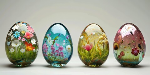 glass easter eggs decorated in a variety of colorful designs