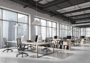Modern office space with large windows, sleek furniture, cityscape background, concept of workspace design.  3D Rendering