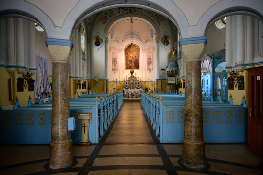 Church of Sainz Elizabeth Blue Church Hungarian Art Nouveau Secessionist Style Interior with Benches and Altar by &Ouml;d&ouml;n Lechner