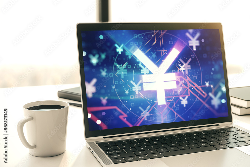 Poster creative japanese yen symbol sketch on modern laptop monitor, strategy and forecast concept. 3d rend