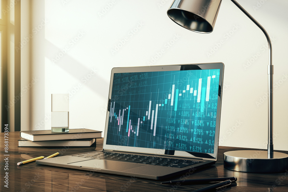 Poster abstract creative financial graph on modern laptop screen, forex and investment concept. 3d renderin