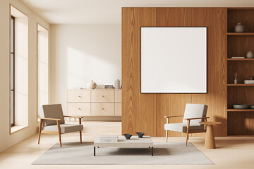 Stylish home interior armchairs and drawer near window. Mockup frame