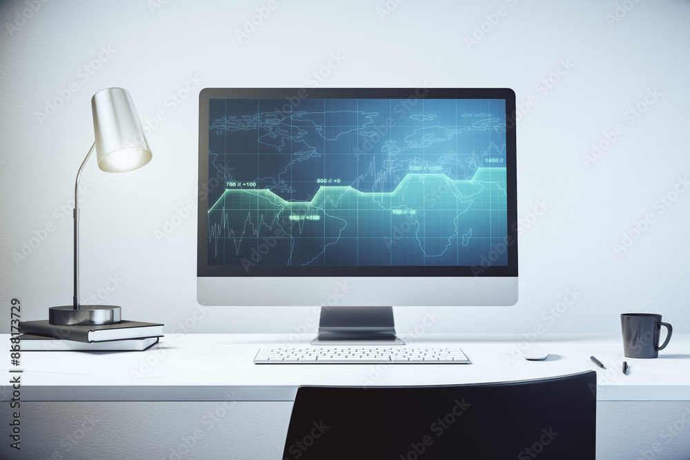 Poster Modern computer screen with creative statistics data hologram, stats and analytics concept. 3D Rendering