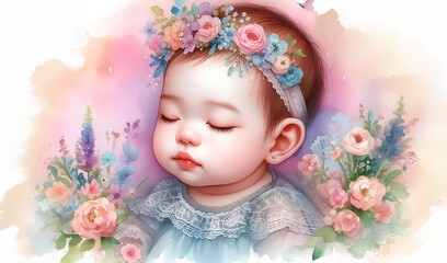 Fototapeta premium Watercolor painting of a baby on a white background