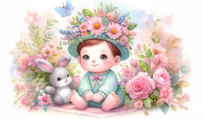 Watercolor painting of a baby on a white background