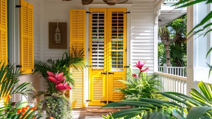 tropical bed and breakfast with sunny yellow Bahama shutters, welcoming guests with warmth