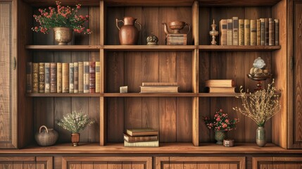 Open wooden cupboard displaying books and decorative items