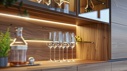 Modern wood cupboard with glass inserts and detailed wood grain