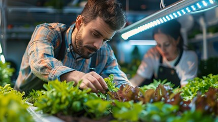 Growing into the Future: Futuristic Gardeners Cultivating Plants in Hydroponic System Under LED Grow Lights