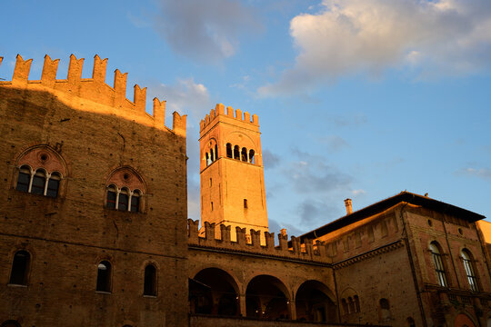 Palazzo Re Enzo Palace with Torre dell' Arengo Tower in Bologna, Italy in the Evening