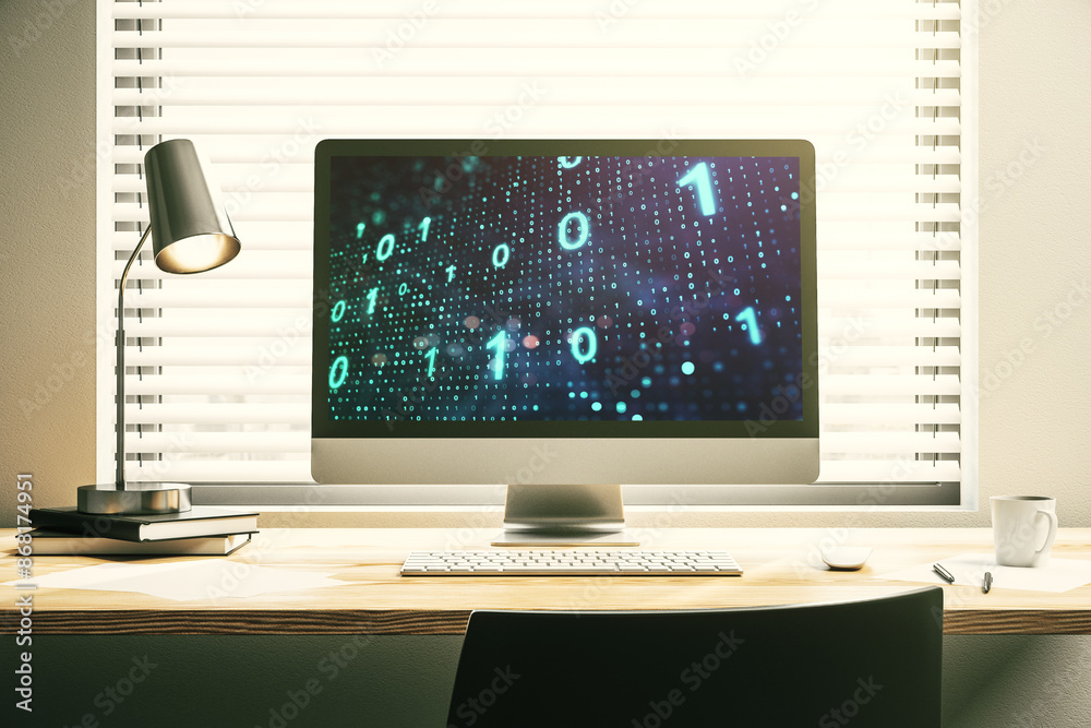 Aufkleber Creative abstract binary code sketch on modern laptop monitor, hacking and matrix concept. 3D Rendering