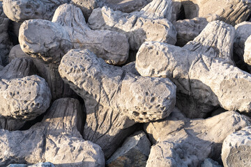 Coastal defenses tetrapods, breakwater concrete structures, wave breakers, shoreline protection