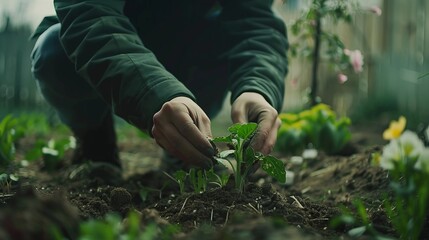 Fototapeta premium Serene Moment of Solitude: Person Kneeling in Garden Planting Single Flower Alone