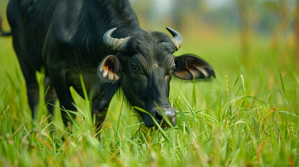 Farming Water buffalo or domestic Asian Buffalo eating hey grass.