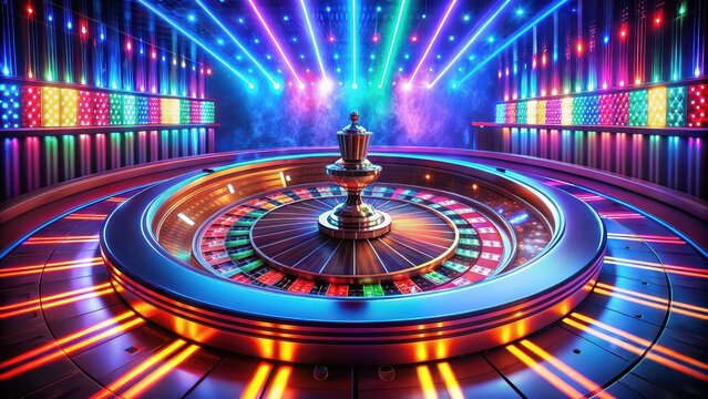 Colorful neon casino scene with a roulette wheel in the center, gambling, casino, roulette, wheel, colorful, neon