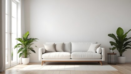 Modern Minimal clean clear contemporary living room home interior design daylight background,beige white sofa couch in living room daylight from window freshness moment mock up interior