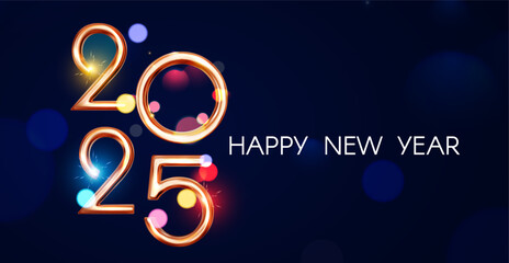 Happy New 2025 Year poster template with bokeh light effects. New Year gold number. Calendar design.