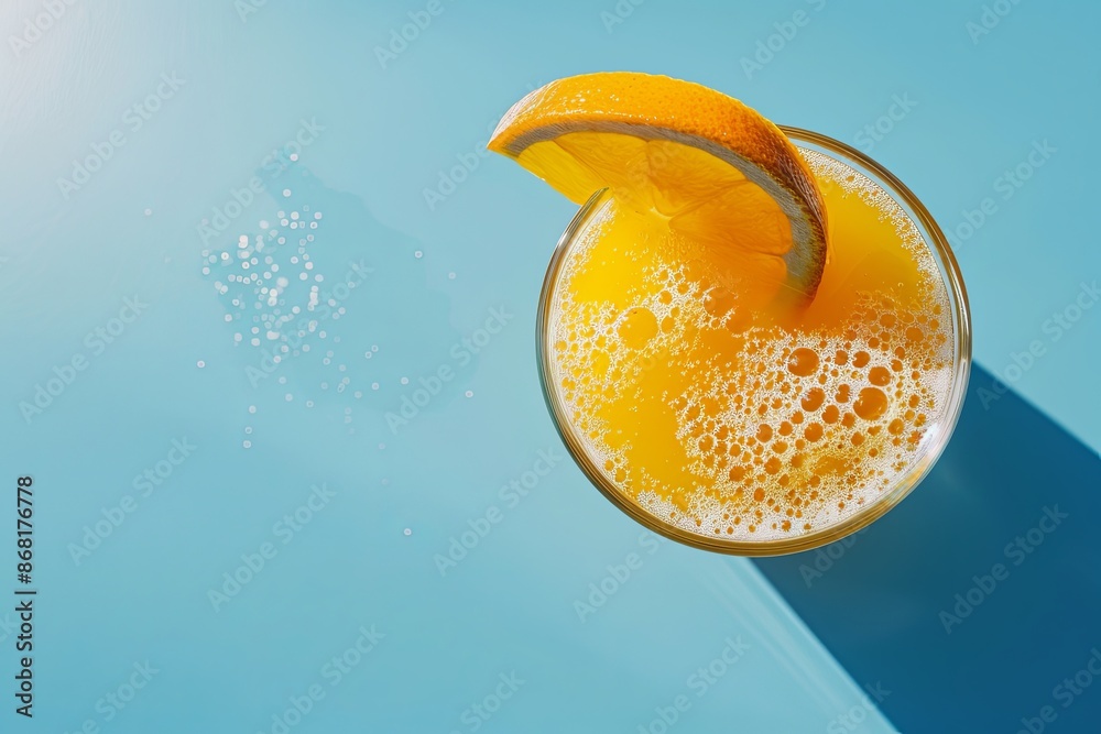 Poster a glass of orange juice with a slice of orange on top sits on a blue background with sunlight shinin