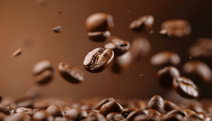 Roasted coffee beans falling on heap against brown background, closeup