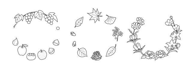 秋の実り、紅葉、秋の花の飾り枠・手描き（線画のみ）