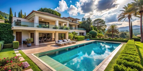 Fototapeta premium Luxury villa with pool surrounded by lush greenery and stunning views, luxury, villa, pool, swimming, private, estate