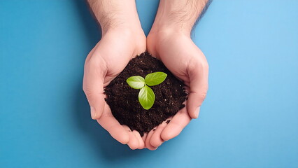 Close up of hands holding soil with small green plant sprout. Concept of growth, new life, sustainability, and environmental care.