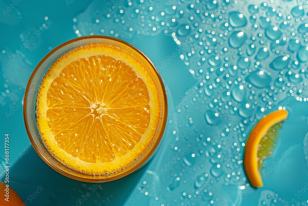 Poster a close-up of a fresh orange slice in a glass on a blue surface with water drops. generative ai