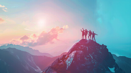 Team and sunset in mountains