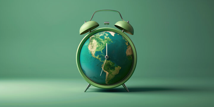 An alarm clock counting down to climate change. Set on a green background